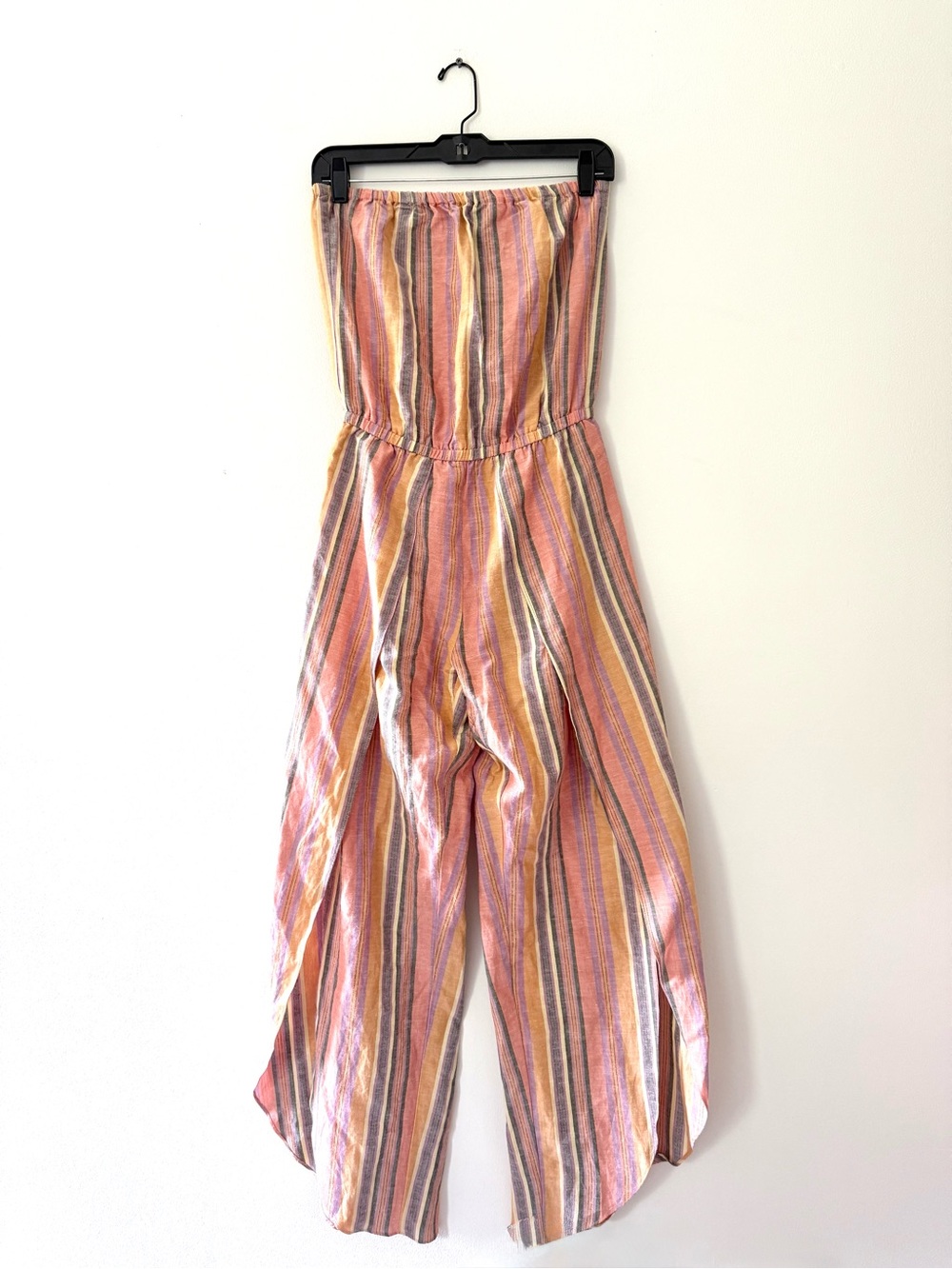 Anthro Drew Emerson XS Linen Strapless Tulip Split Leg Rainbow Striped Jumpsuit - Picture 2 of 15